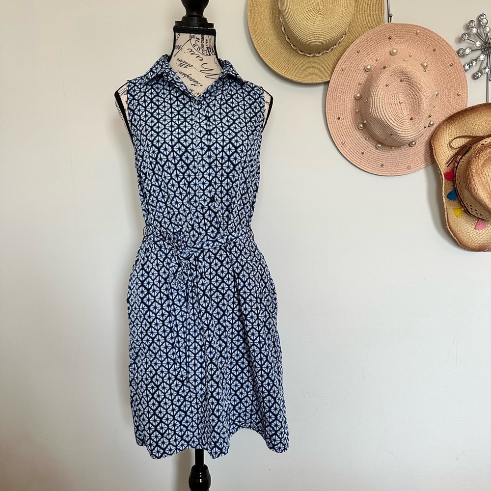 Banana Republic Blue and White Sleeveless Midi Dress